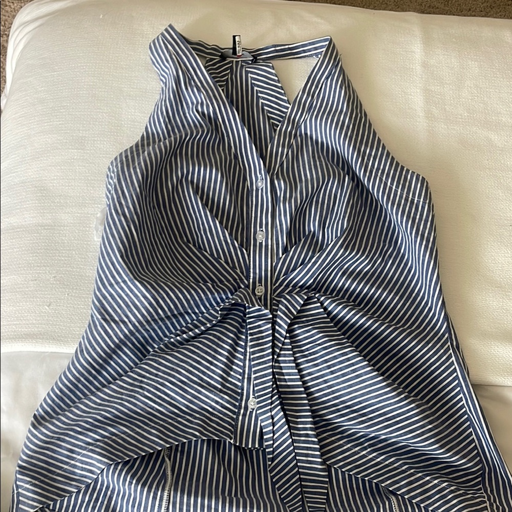 DREW Coastal Asymmetrical Tie Front White and Blue Blouse